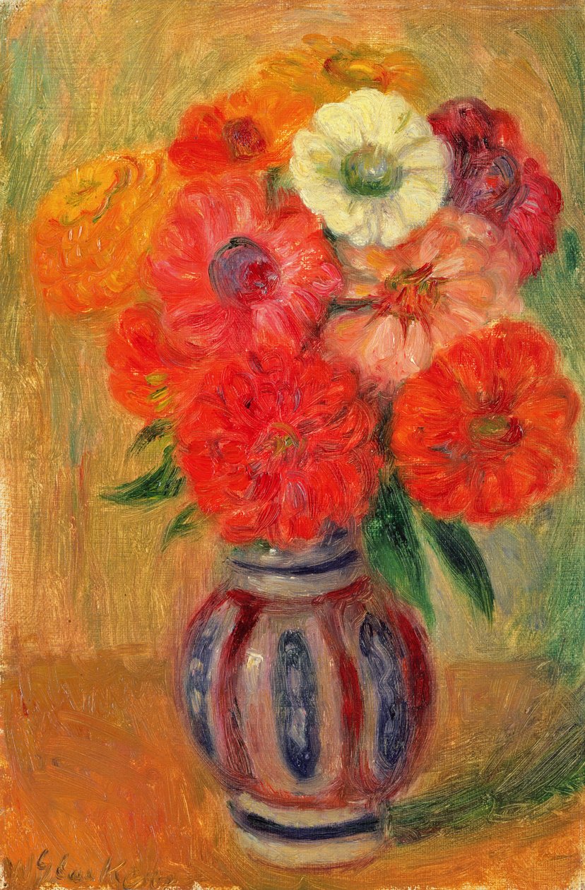 Zinnias i en stripet blå vase av William James Glackens