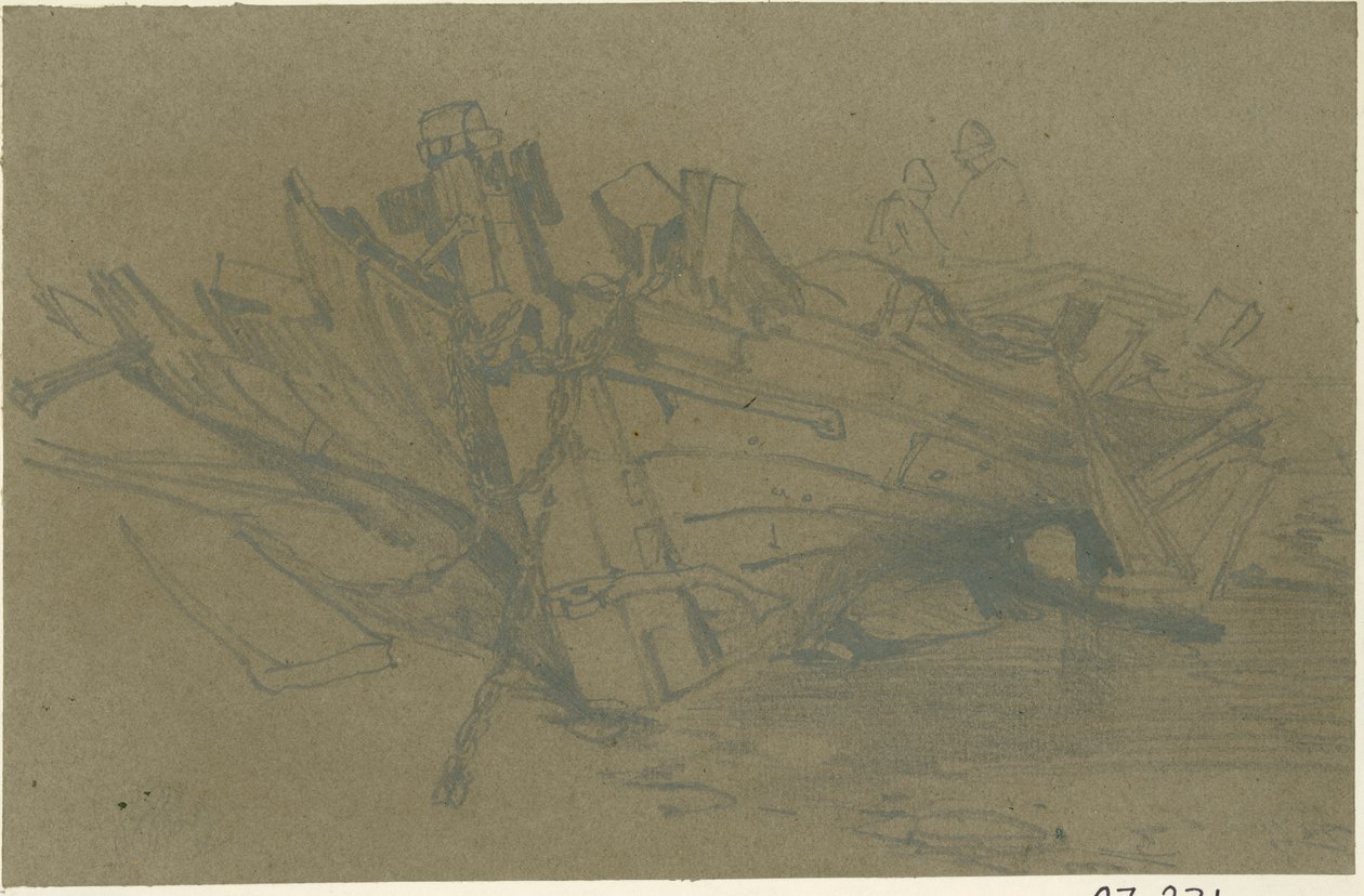 En skadet båt (blyant på papir (brunt og limt om bord)) av William James Muller