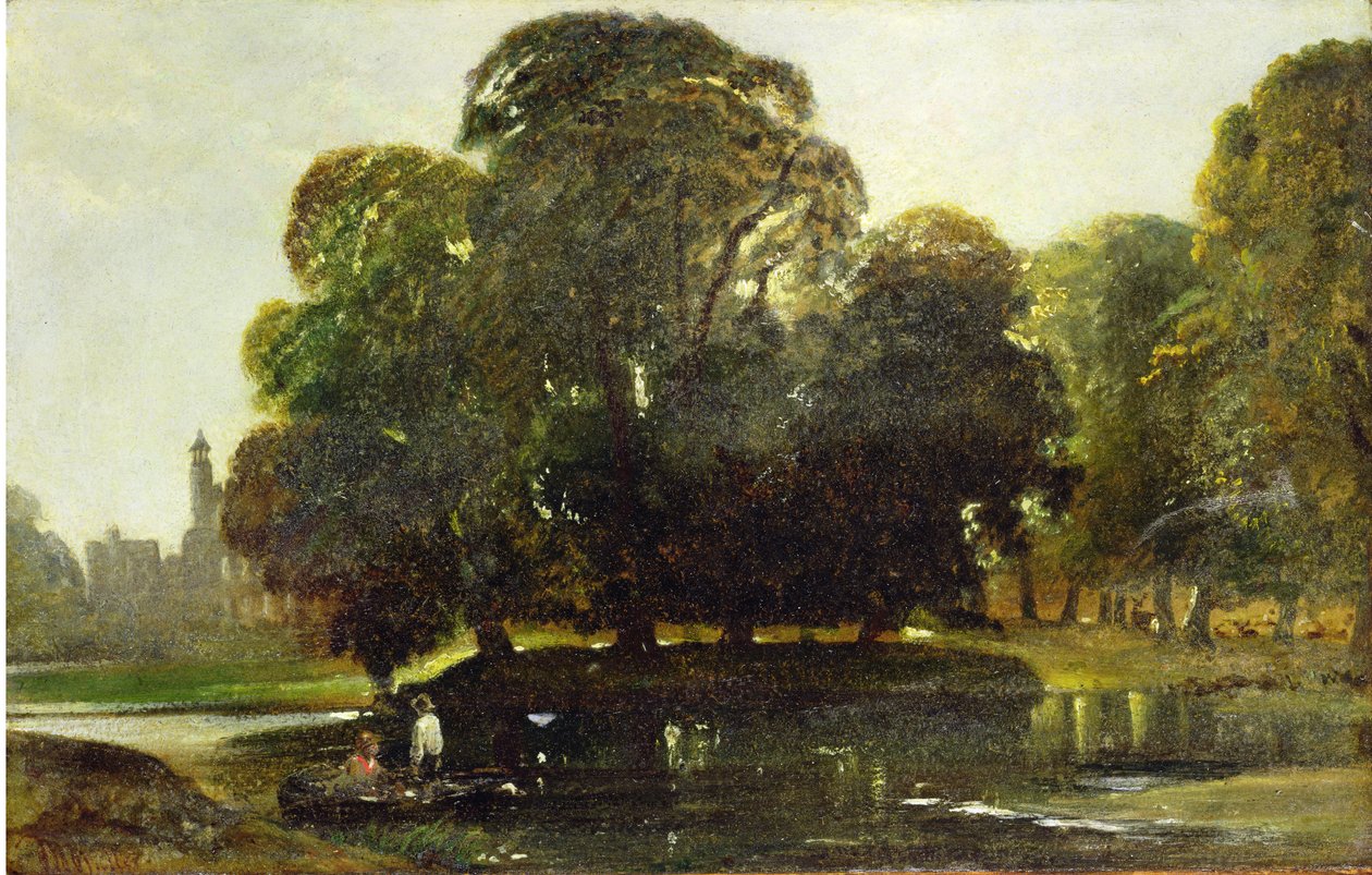 A View of Eton and the Fellows Eyot, ca. 1835-45 (olje på papir på panel) av William James Muller