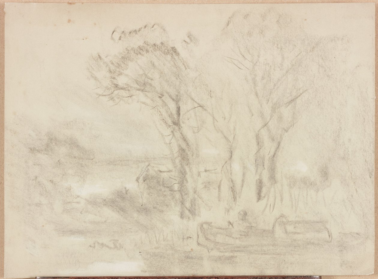 Landskap med båt og figurer (pastell og blyant på papir (buff)) av William James Muller