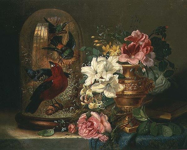 Stilleben med blomster og fugler av John Wainwright