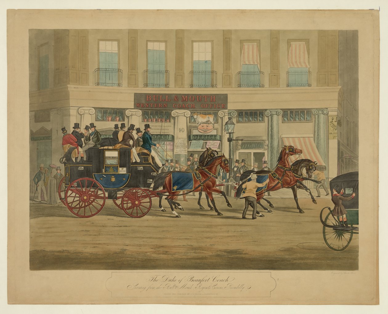 The Duke of Beaufort Coach, med start fra Bull & Mouth, Regents Circus, Piccadilly, pub. 1841 (håndfarget akvatint) av William Joseph Shayer
