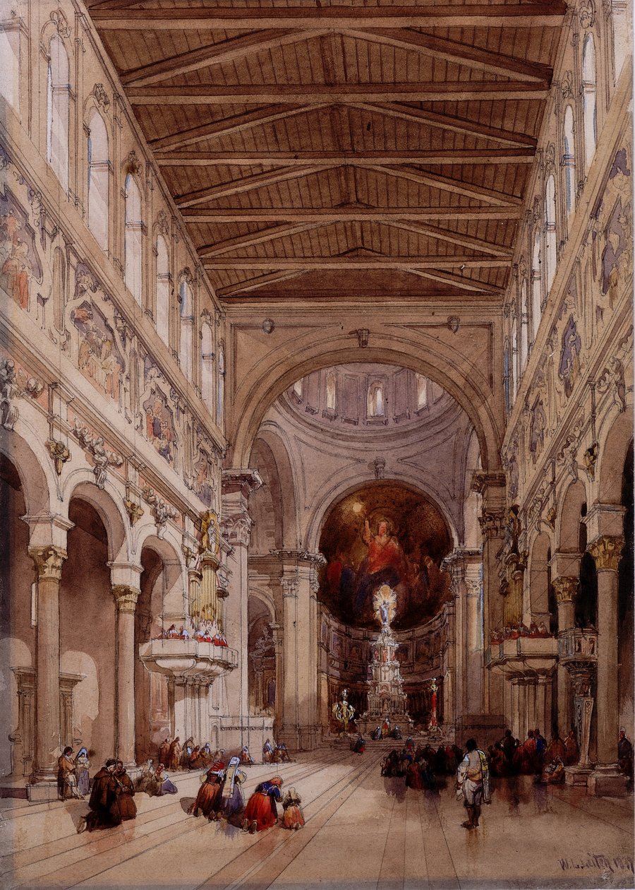 Interiør av katedralen, Messina, 1839 (blyant og wc på vevd papir) av William Leighton Leitch
