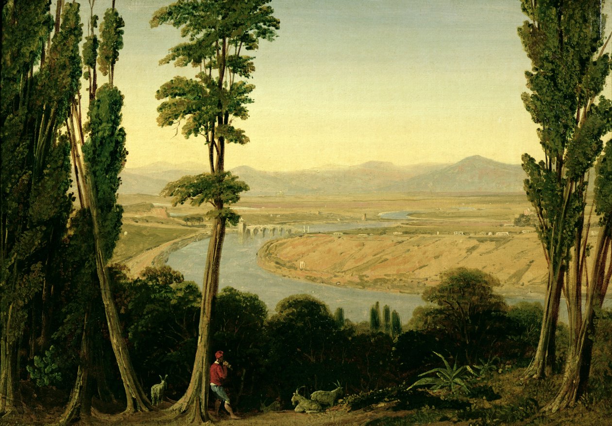 A View of the Tiber and the Roman Campagna fra Monte Mario, 1829 (olje på papir lagt på lerret) av William Linton