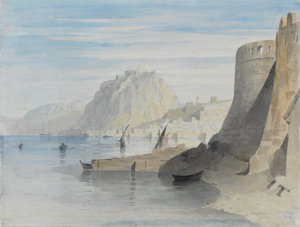 Utsikt til havnen i Nafplion, med tittelen Napoli di Romania, Hellas av William Linton