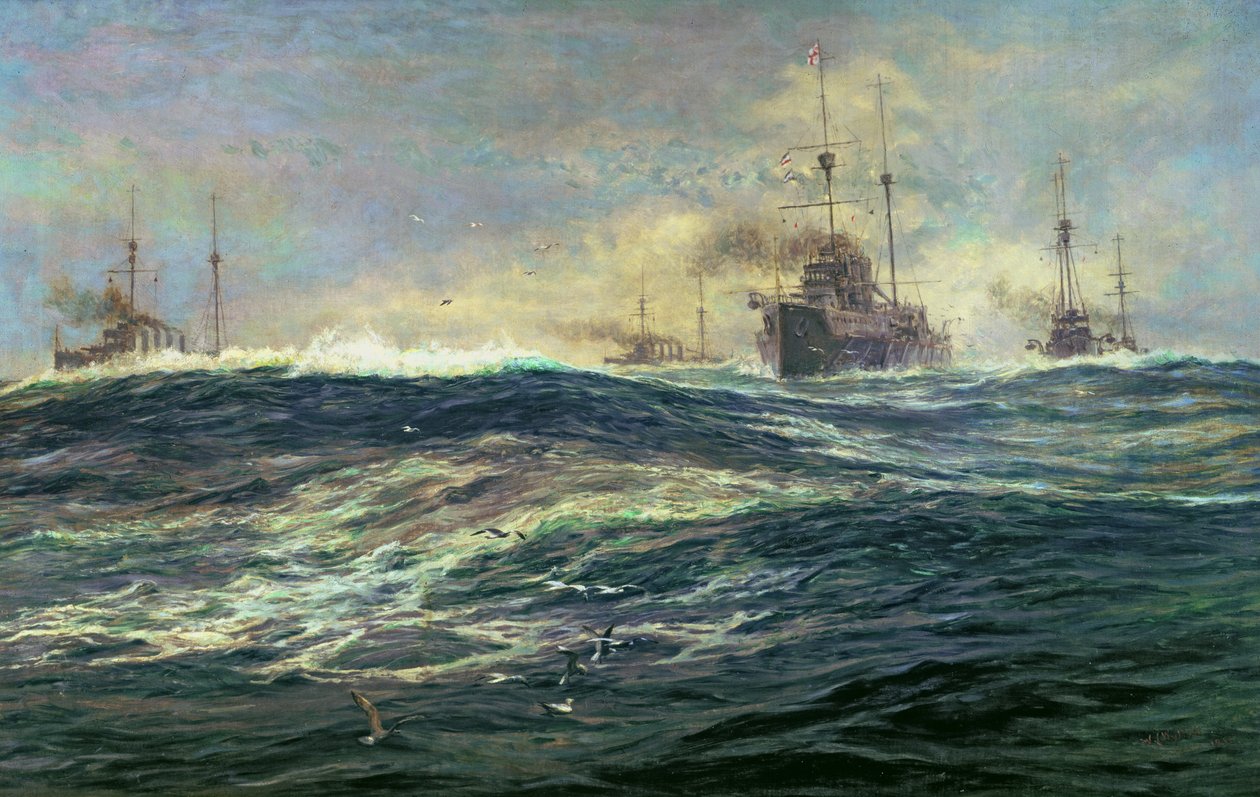 1st Battle Squadron of Dreadnoughts damper ned kanalen i 1911 av William Lionel Wyllie