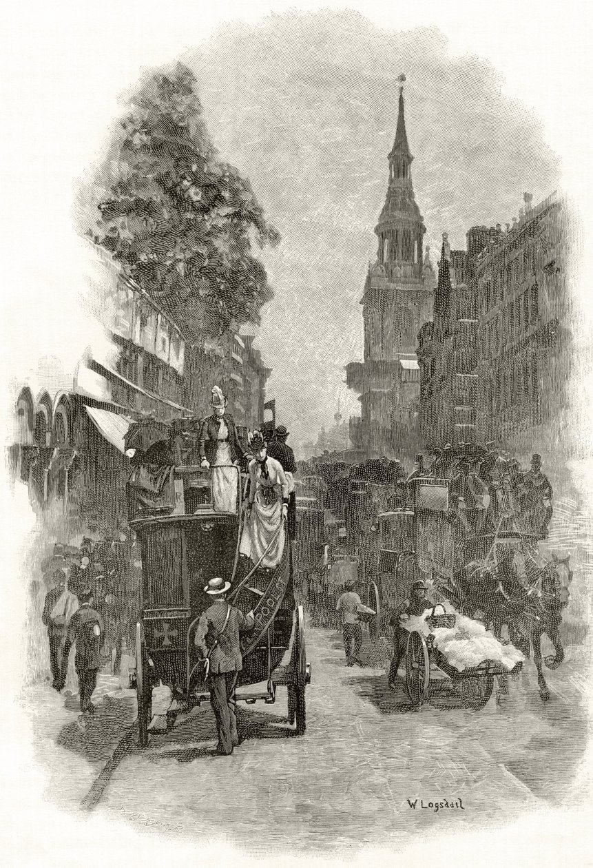 Cheapside and Bow Church Steeple, fra 'London Pictures: Drawn with Pen and Pencil', av pastor Richard Lovett, utgitt 1890 av William Logsdail