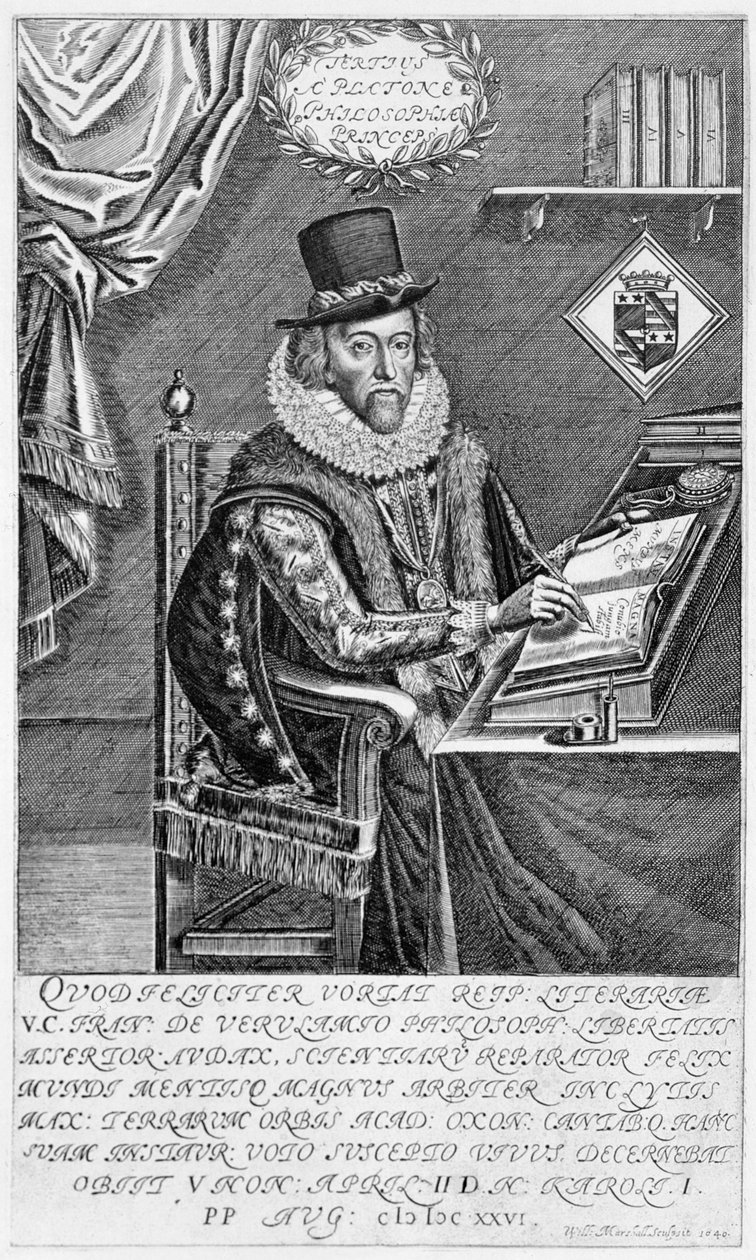 Portrett av Francis Bacon (1561-1626) Viscount of St. Albans Writing at his Desk, 1640 av William Marshall