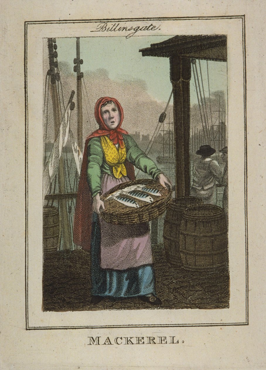 Makrellselger ved Billingsgate, 1804 (håndfarget gravering) av William Marshall Craig