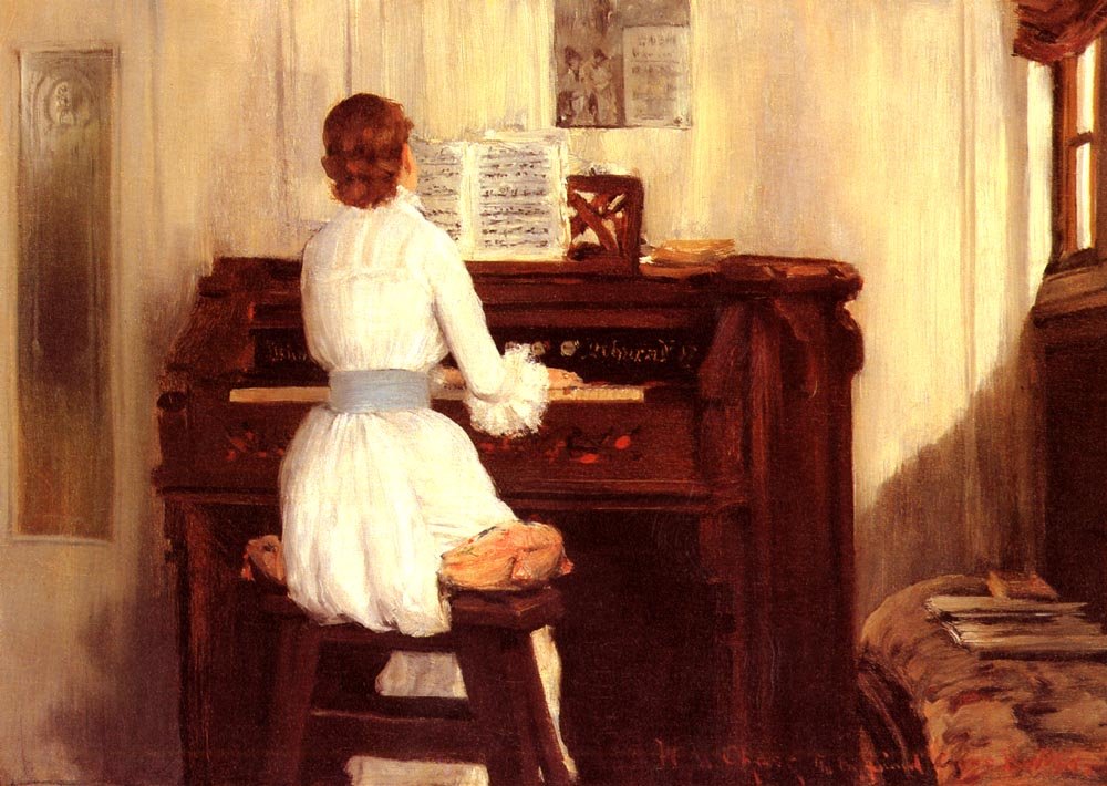 Fru Meigs på pianoorganet av William Merritt Chase