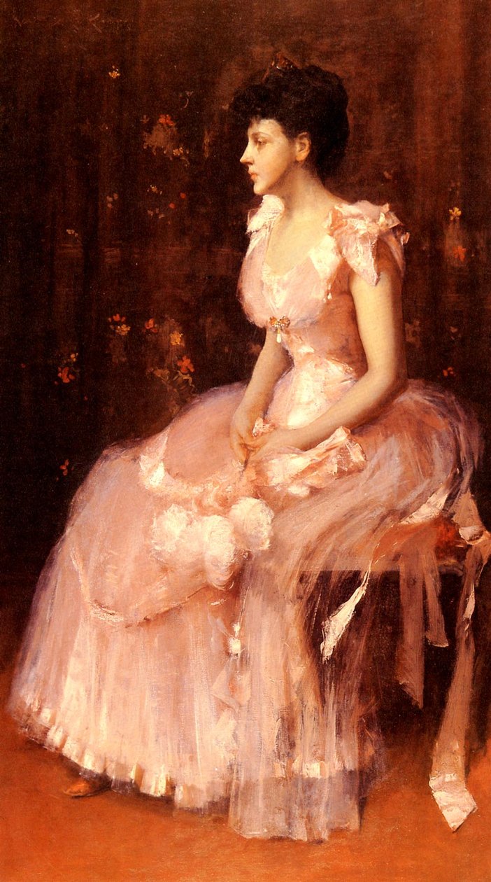 Portrett av en dame i rosa av William Merritt Chase