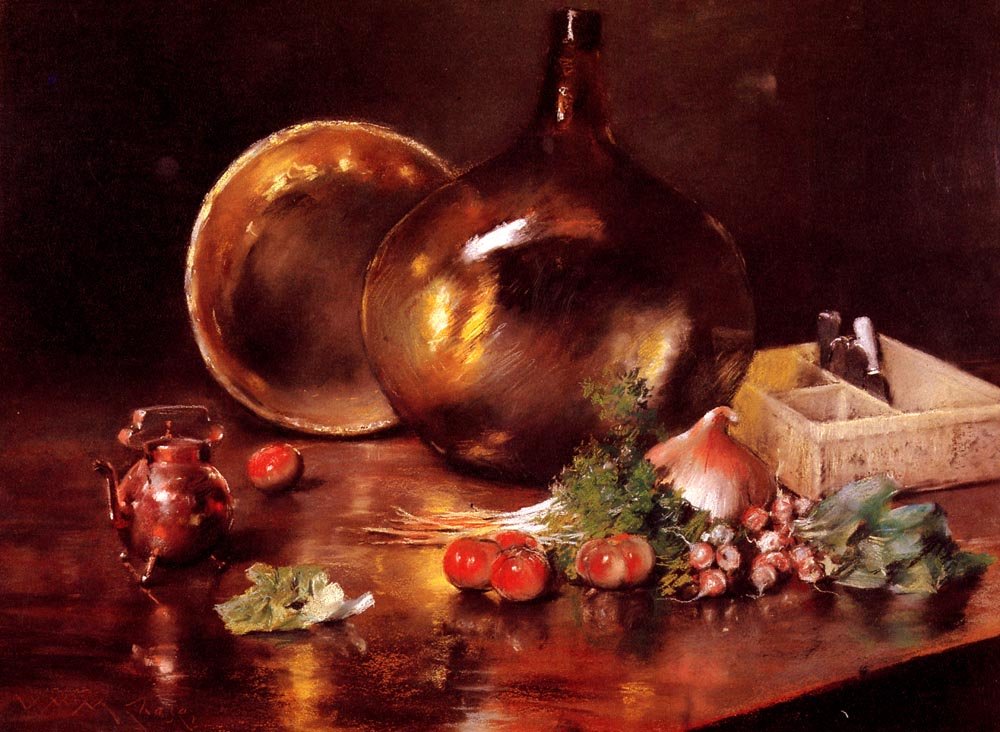 Stilleben messing og glass av William Merritt Chase