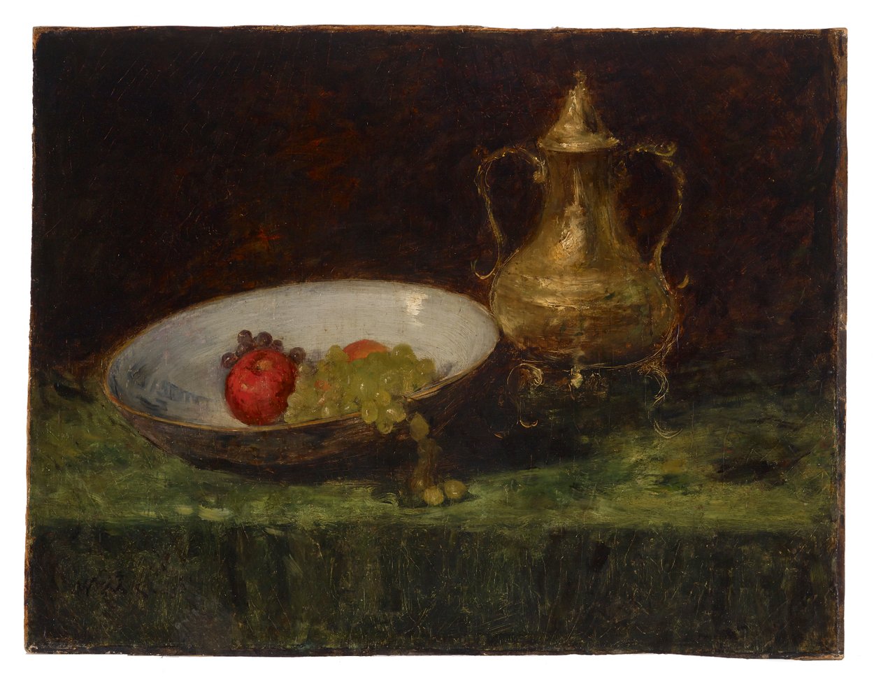 Stilleben (frukt og kobberpotte) av William Merritt Chase