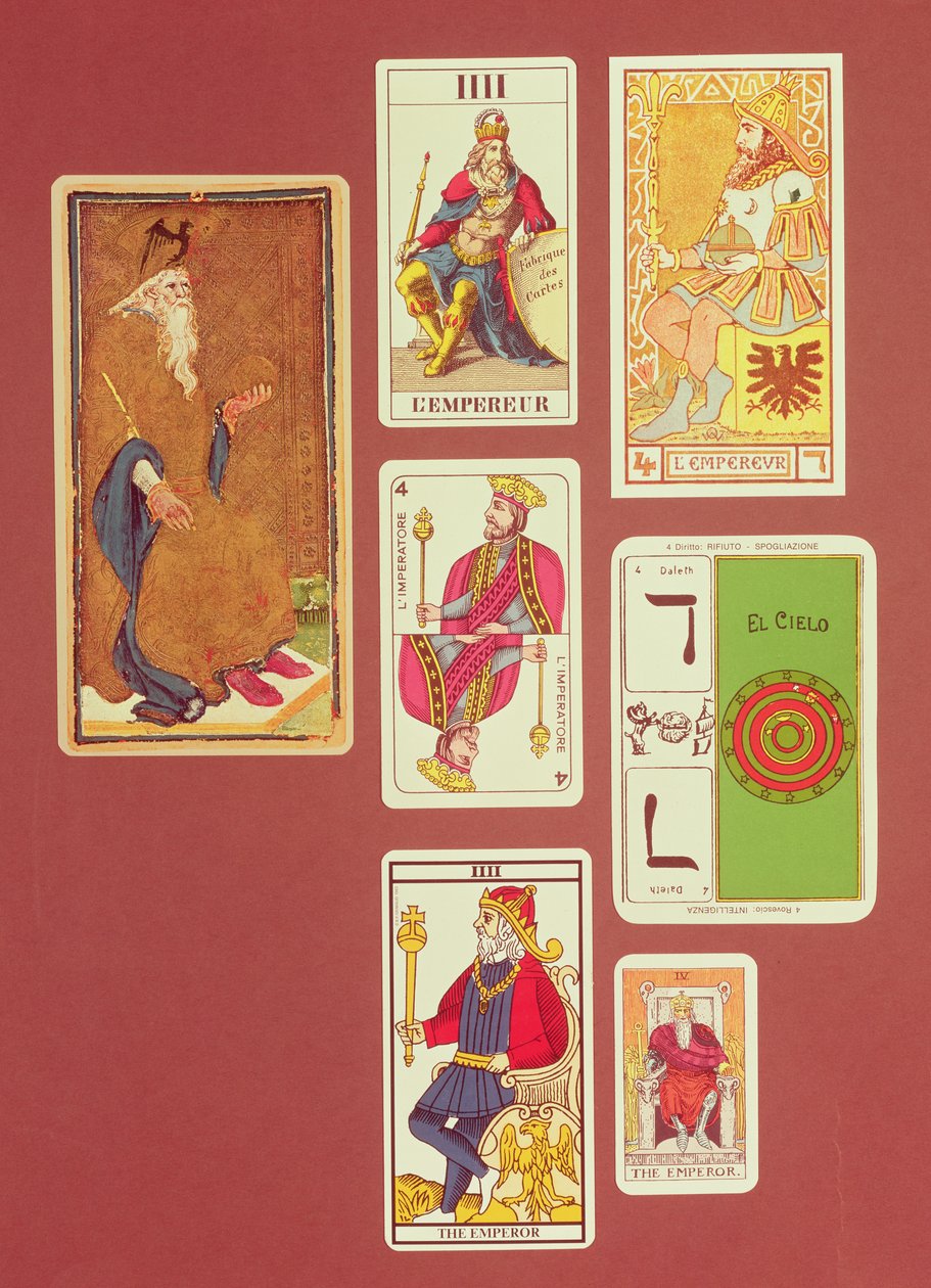 IIII The Emperor, syv tarotkort fra forskjellige pakker av William Minchin