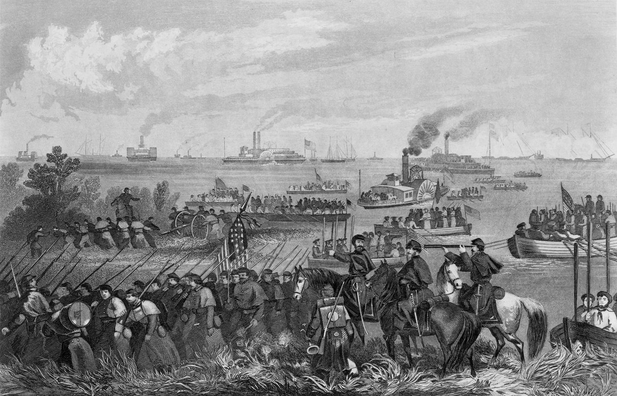 Landing av tropper på Roanoke Island, Burnside Expedition, 8. februar 1862, gravert av George E. Perine av William Momberger