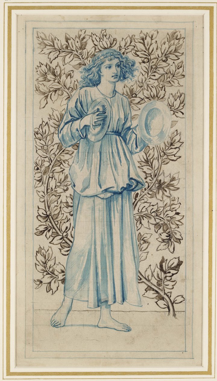 En kvinne som spiller cymbaler (penn med blått og brunt blekk og akvarell på misfarget blekfarget papir) av William Morris