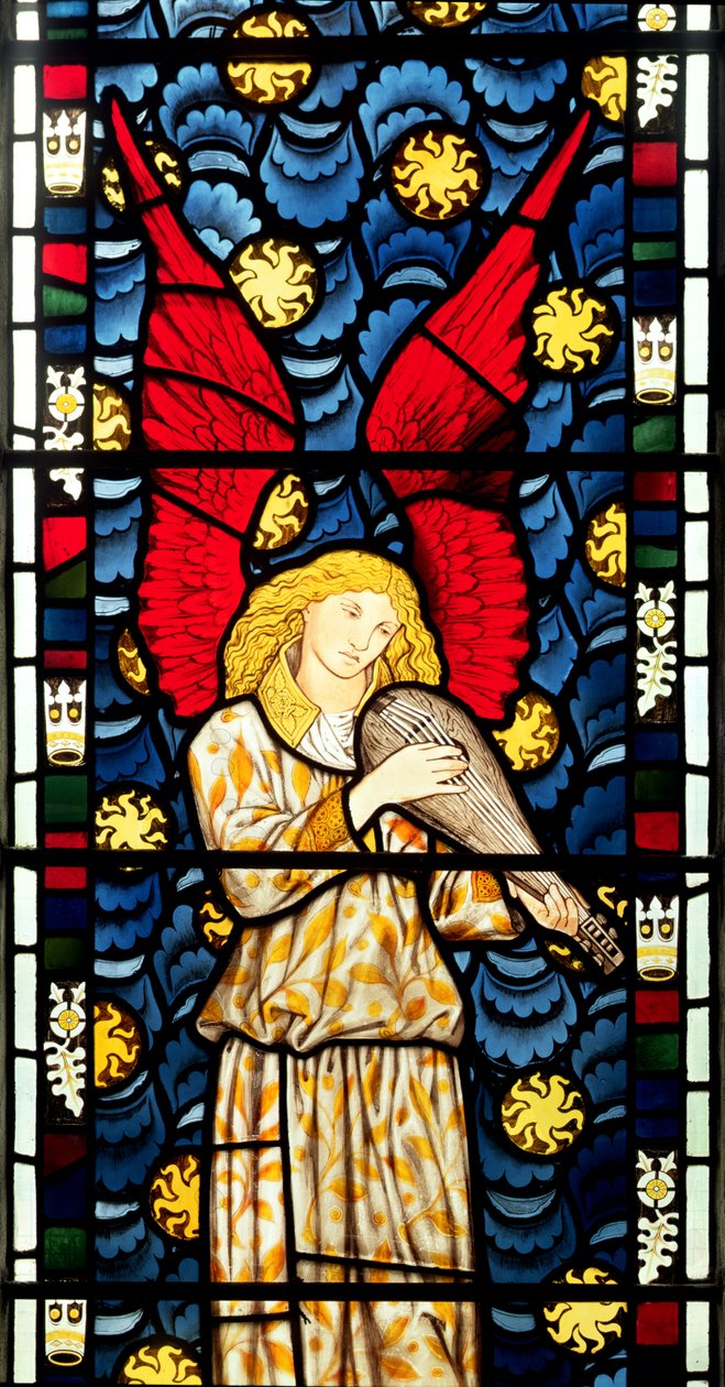Engel som spiller lut, detalj fra bunnen av midten av Angels Window, 1869 (farget glass) (se også 120165) av William Morris