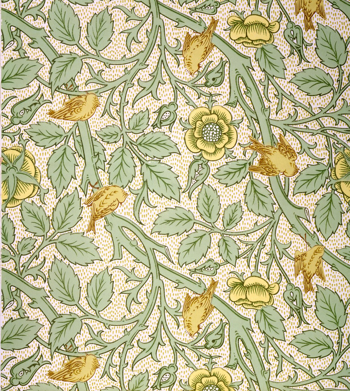 Fugletapetdesign (farget treblokktrykk på papir) av William Morris