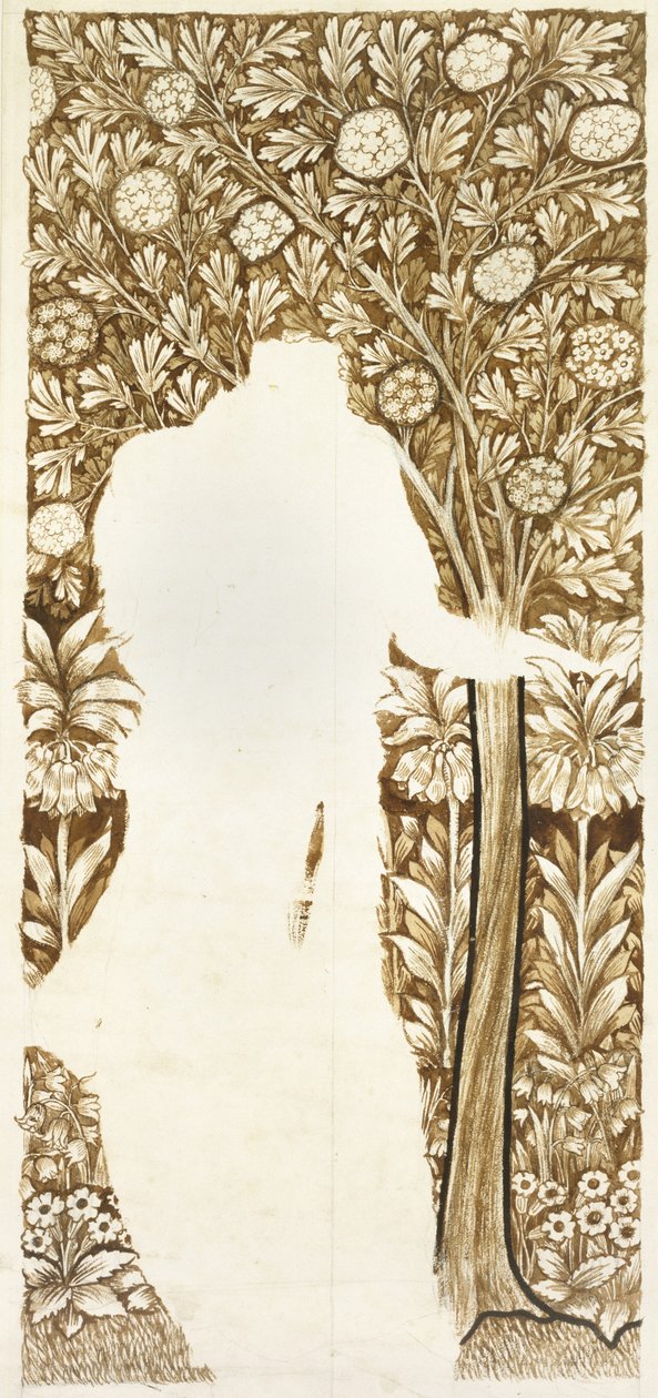 Design for en løvverksbakgrunn (uferdig) (grafitt med brune vasker) av William Morris