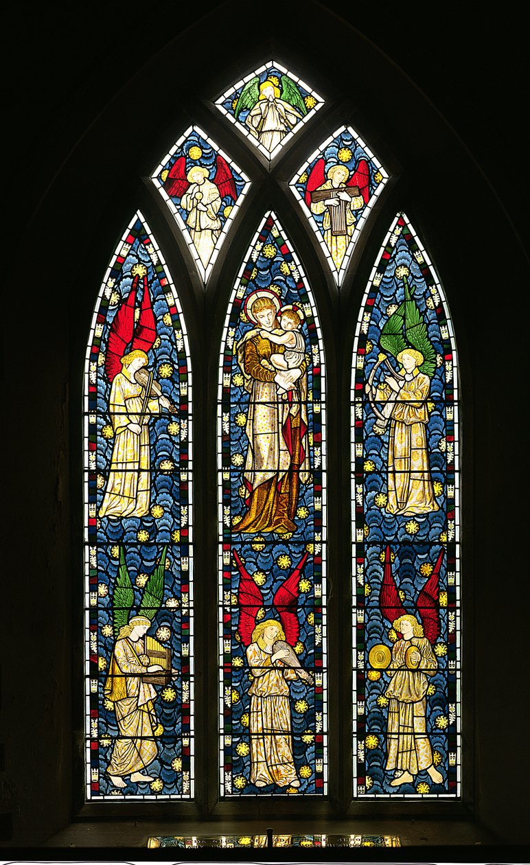 Madonna og barn med musikalske engler, 1869 (farget glass) av William Morris