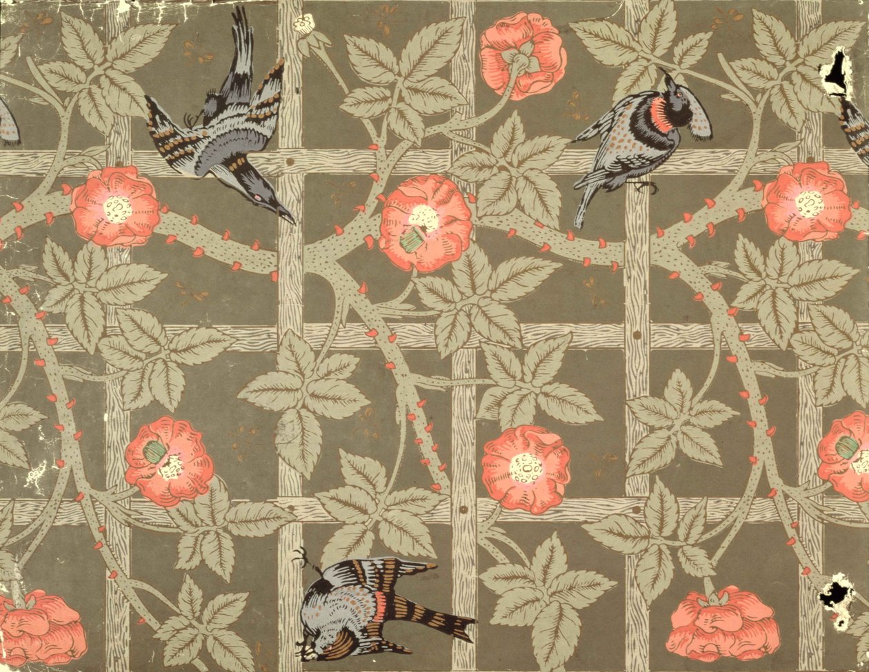 Trellis tapetdesign med flaskegrønn bakgrunn, 1864 av William Morris