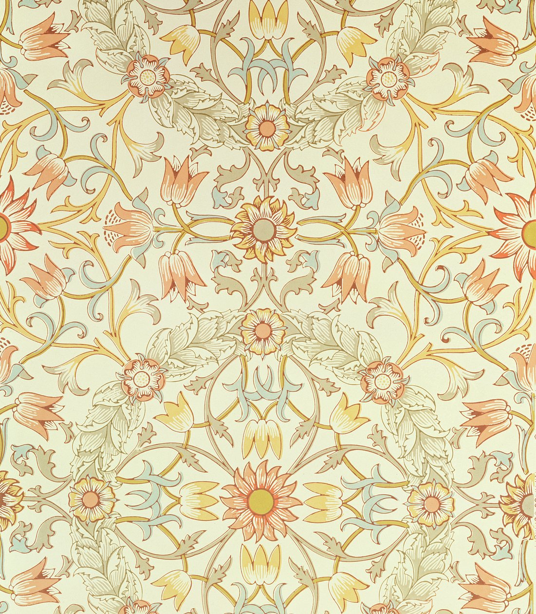 Tapet med blomsterdesign av liljer omsluttet av roser designet av William Morris (1834-96) av William Morris
