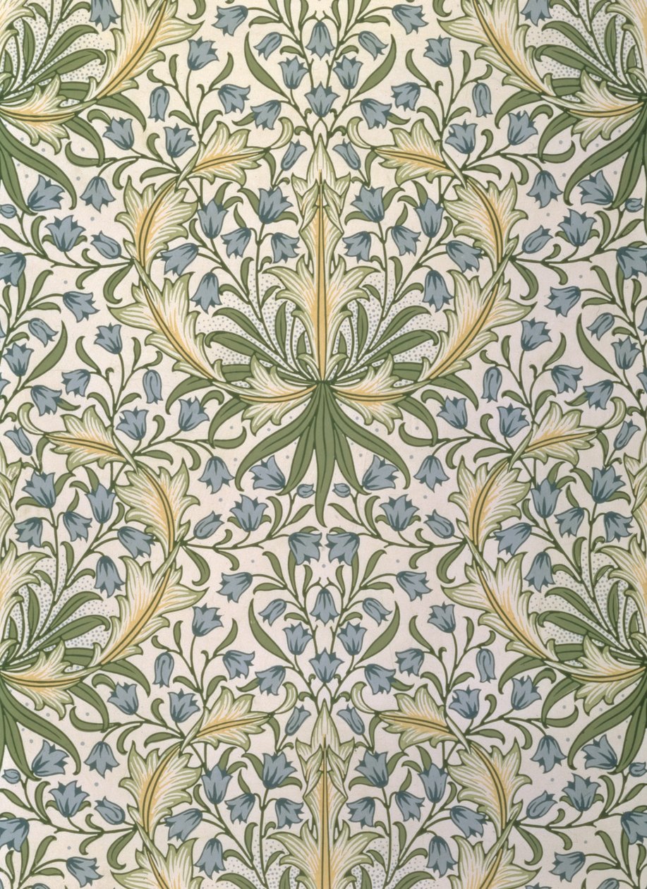Tapet med små blå blomster innenfor store grønne blader designet av William Morris (1834-96) av William Morris