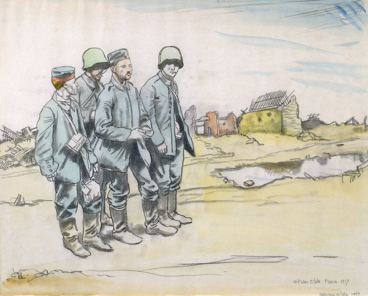 Fire tyske fanger ved en fransk landsby, 1917 (kull og wc på papir) av William Orpen