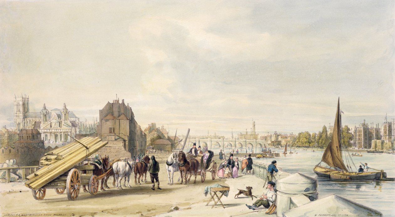 Lambeth og Westminster fra Millbank av William Parrott