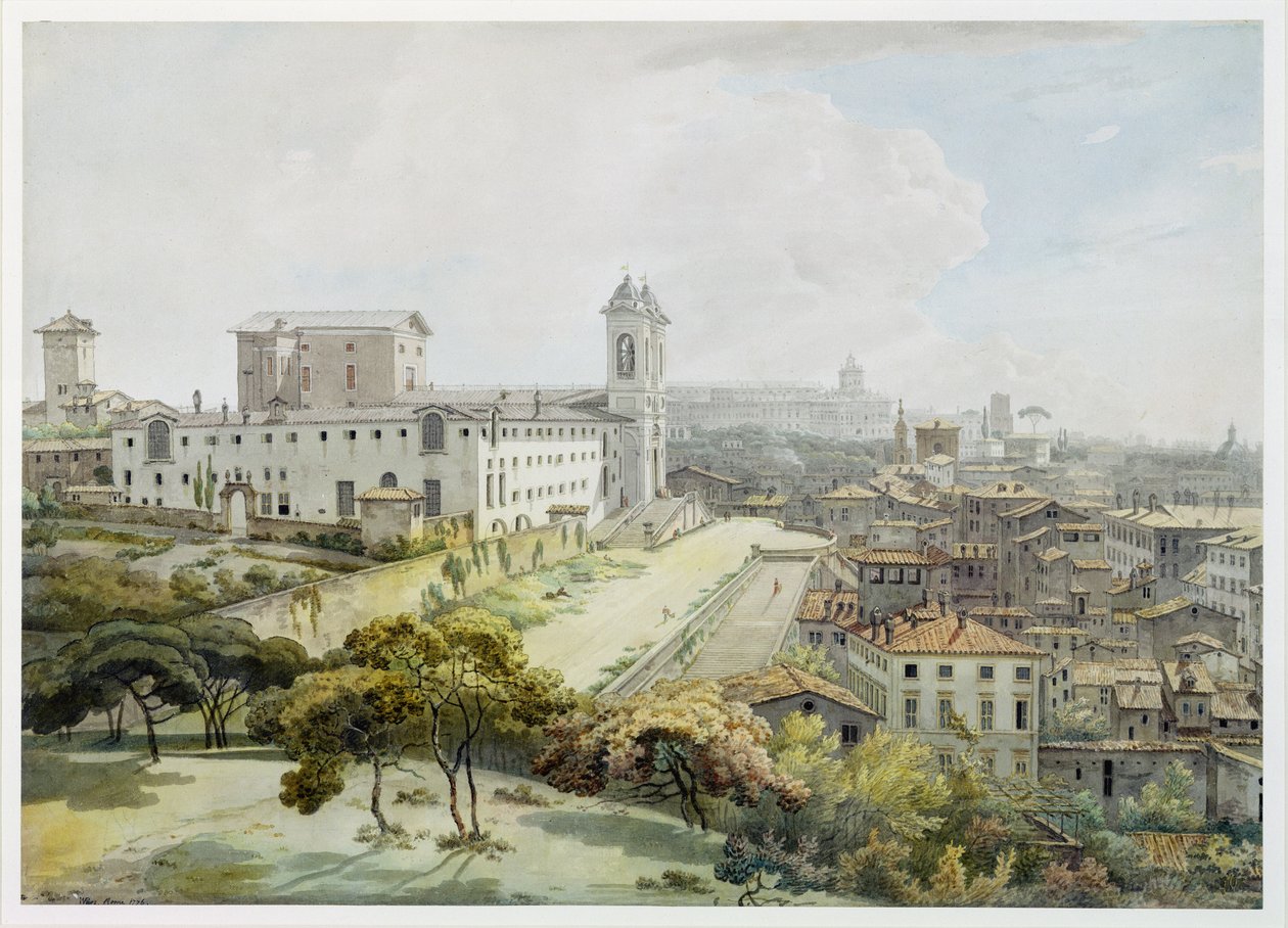 En utsikt over Roma tatt fra Pincio, 1776 (wc over grafitt på antikk lagt papir) av William Pars