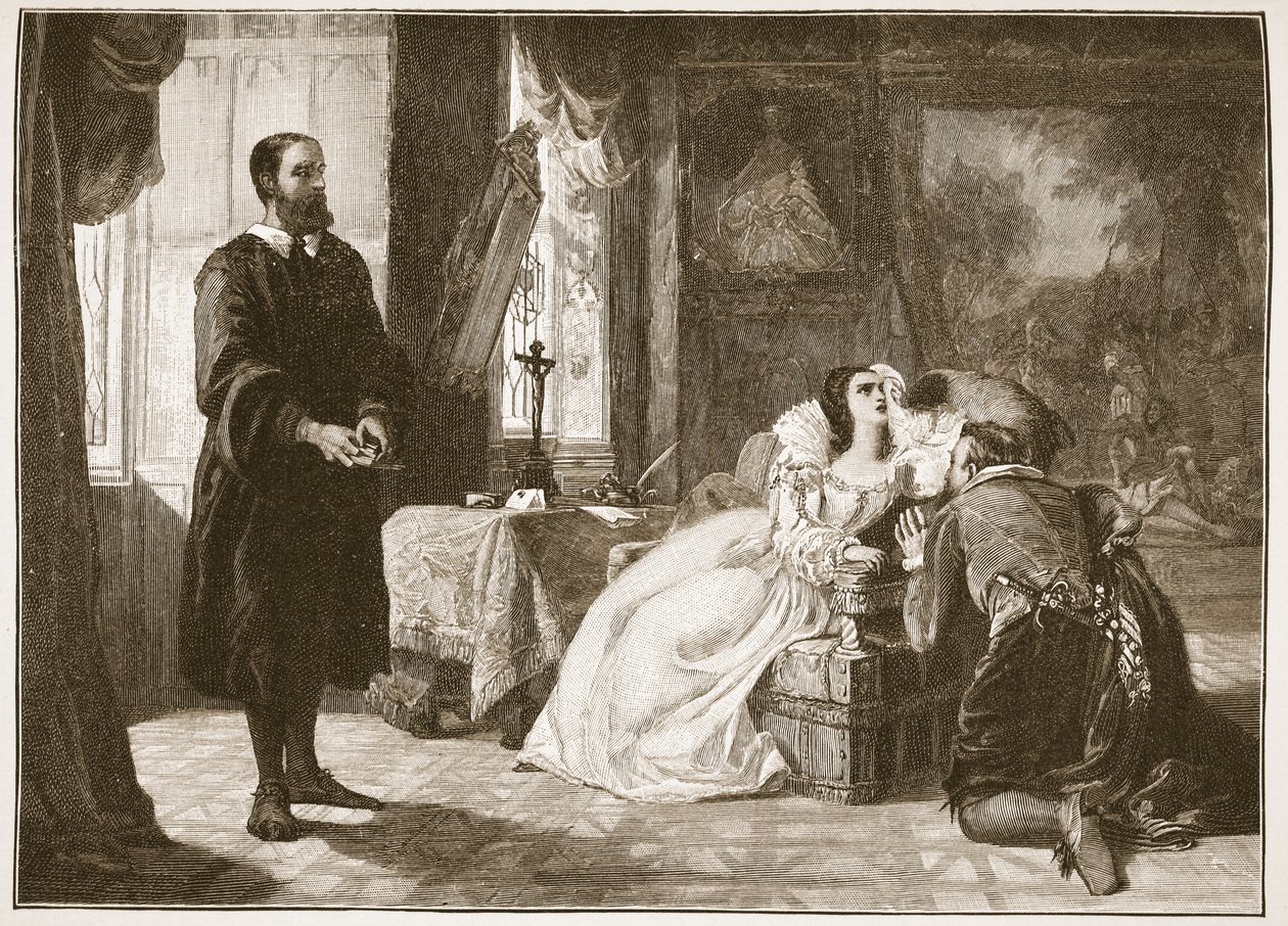 John Knox irettesetter Mary, Queen of Scots, illustrasjon fra 'The Church of England: A History for the People' av HDM Spence-Jones, pub. ca. 1910 (sepia-bilde) av William Powell Frith