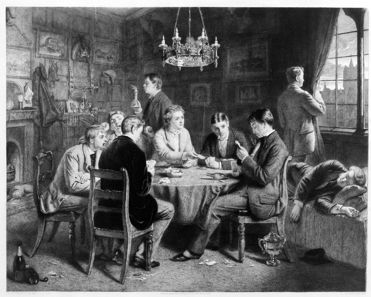The Road to Ruin: College, gravert av Leopold Flameng (1831-1911) pub. av The Art Union of London, 1882 av William Powell Frith