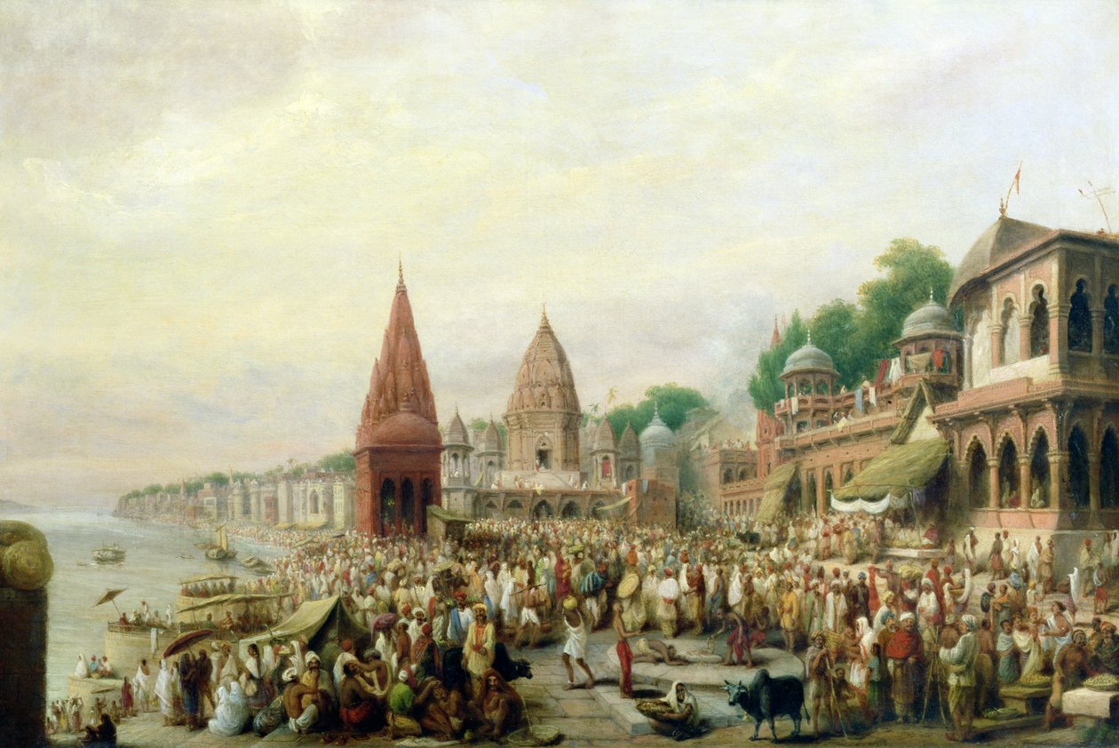 En utsikt over Dasaswamedh Ghat, Benares, under Dussehra-festivalen av William Prinsep