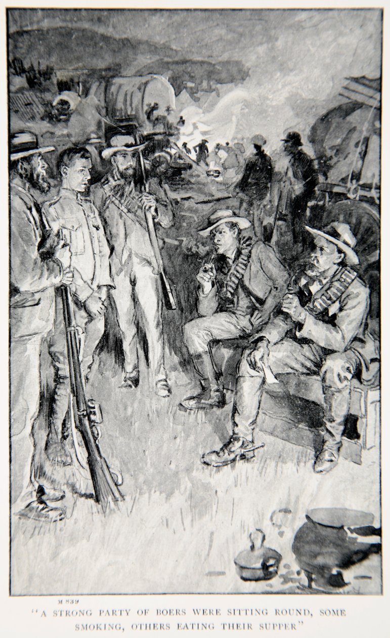 En sterk gruppe boere satt rundt, noen røykte, andre spiste kveldsmat, en illustrasjon fra 'With Roberts to Pretoria: A Tale of the South African War' av GA Henty, pub. London, 1902 av William Rainey