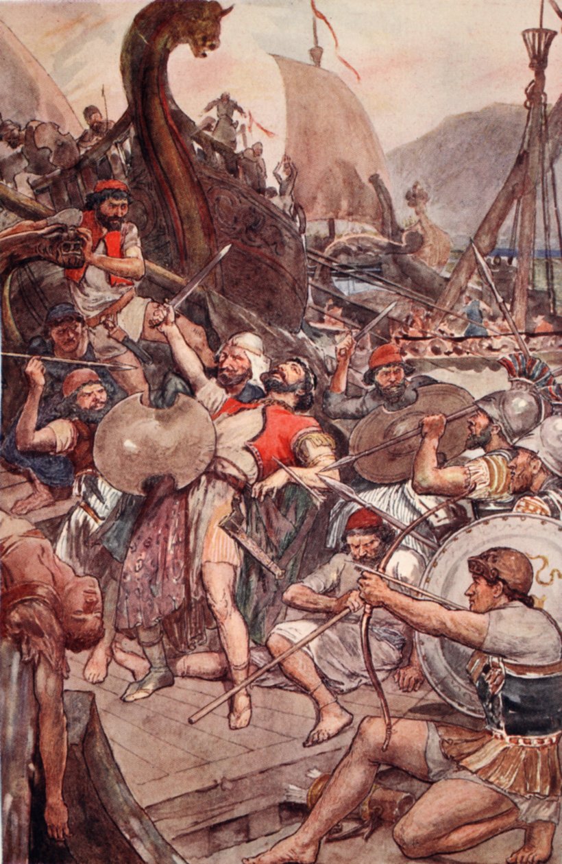 Den persiske admiralens død i Salamis, illustrasjon fra 'Plutarch's Lives for Boys and Girls', gjenfortalt av WH Weston, London ca. 1910 av William Rainey