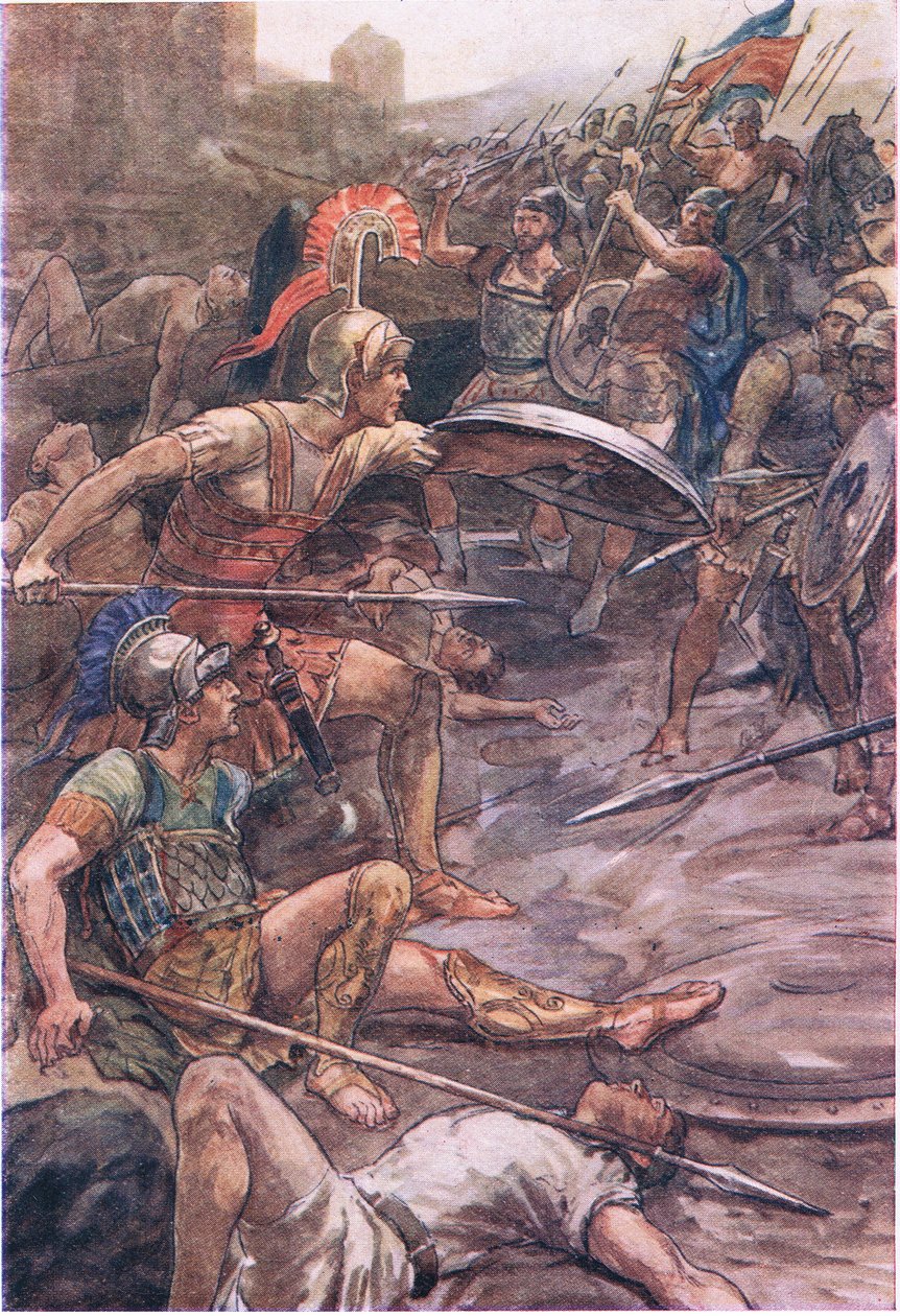 Epaminondas som forsvarer Pelopidas, fra Plutarch Lives utgitt av T C & E C Jack Ltd, 1920-tallet av William Rainey