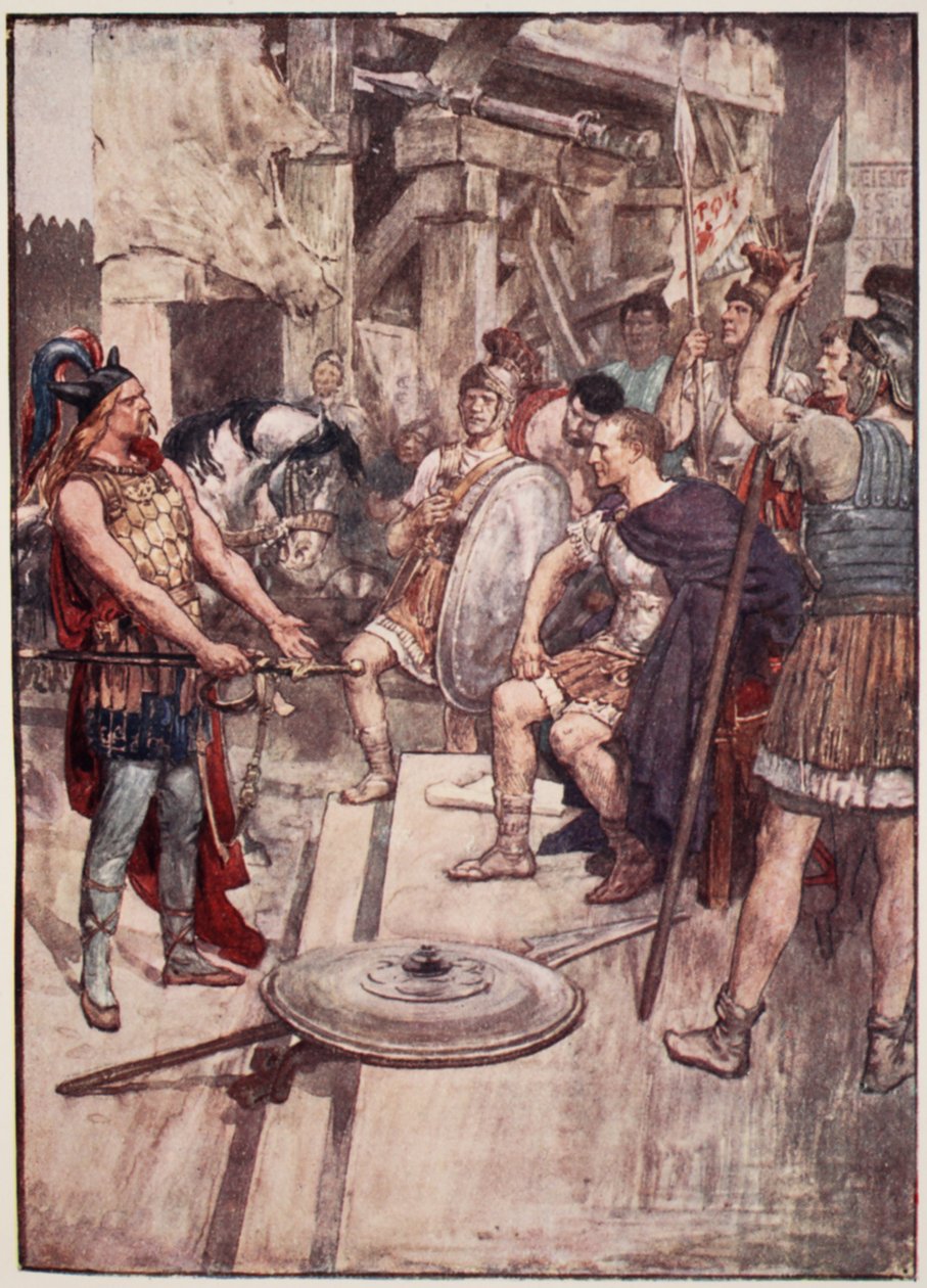 'Vercingetorix kastet armene sine for føttene til sine erobrere', plate fra 'The Story of France' av Mary MacGregor, 1920 (farget lito) av William Rainey