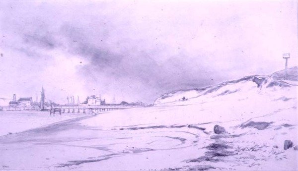 Elvebredden, med brygge og bygninger av William Roxby Beverly