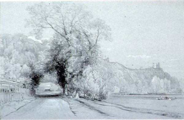 Vei som grenser til enger og et slott av William Roxby Beverly