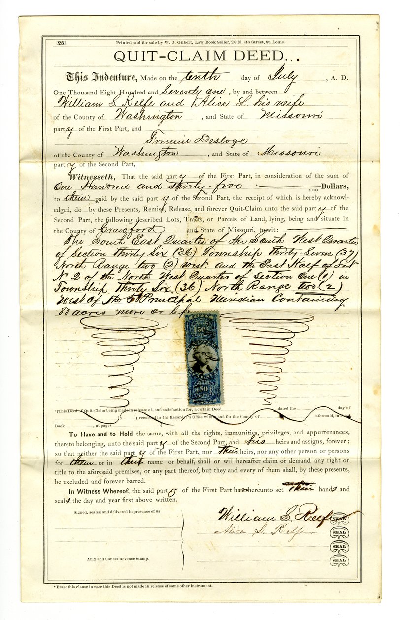Avslutt skadeseddel signert William S. Reefe og Alice L. Reefe fra Washington County, 10. juli 1871 av William S. Reefe