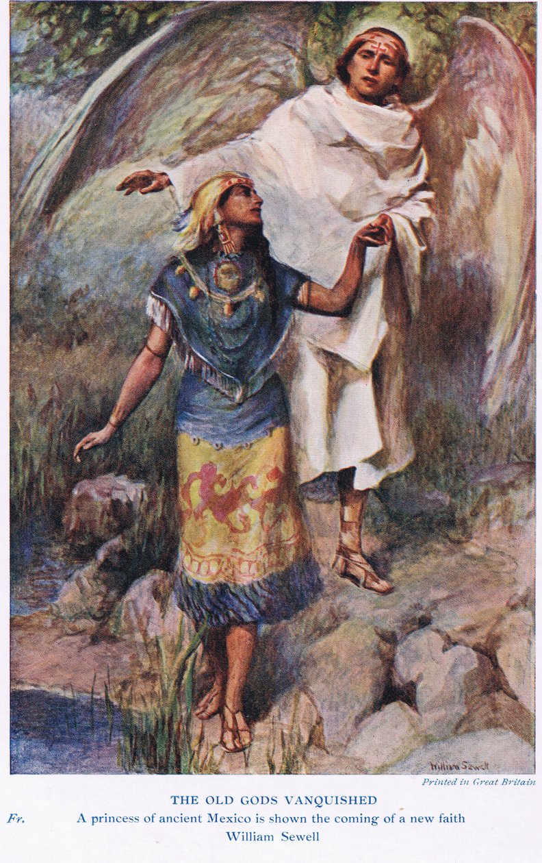 De gamle gudene beseiret - En prinsesse av Mexico blir vist ankomsten til en ny tro, illustrasjon fra "Mytenes bok" av William Sewell
