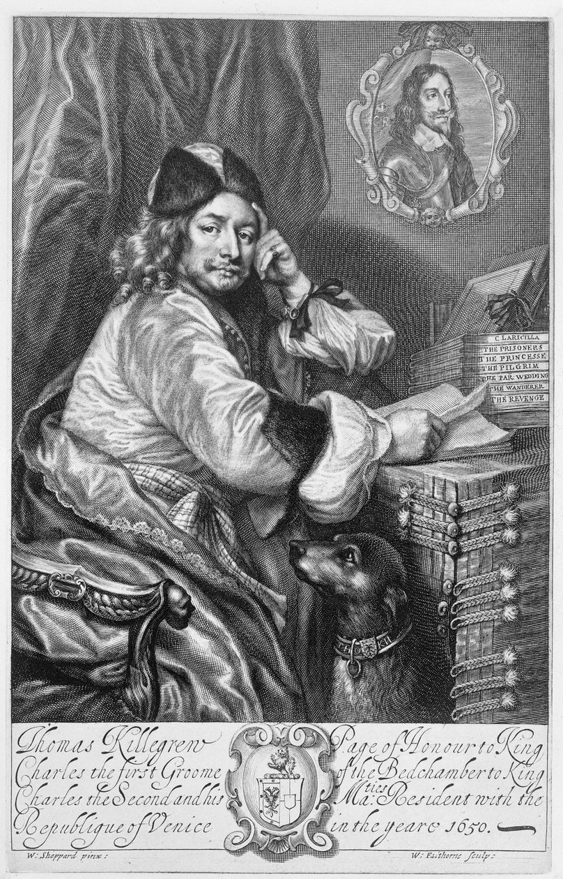 Portrett av Thomas Killigrew (1612-83) Restaureringsdramatiker, frontispice til hans verk, gravert av William Faithorne (1616-91) 1664 av William Ludlow Sheppard