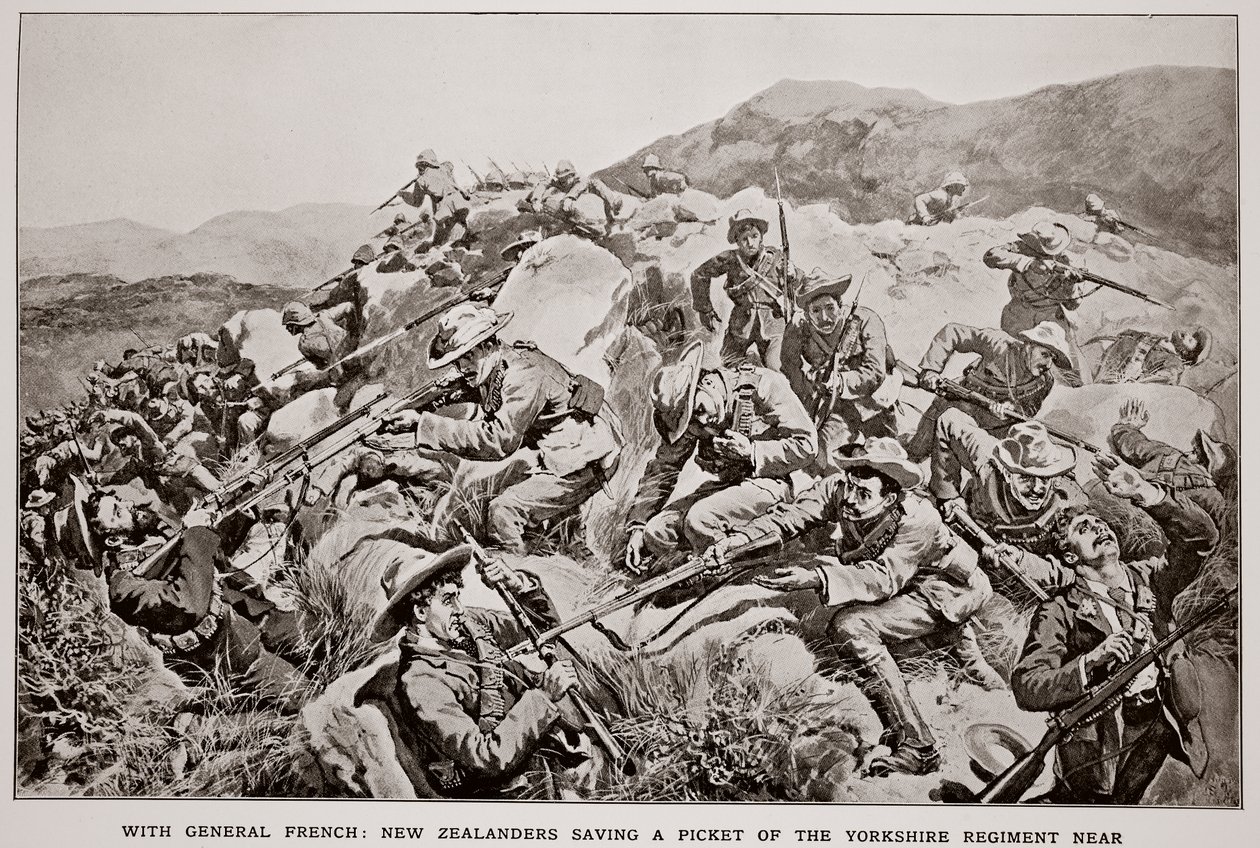 Med General French: New Zealandere redder en streiket fra Yorkshire Regiment nær Slingersfontein 15. januar, fra en skisse av G.D. Giles (fl.1890) av William Small