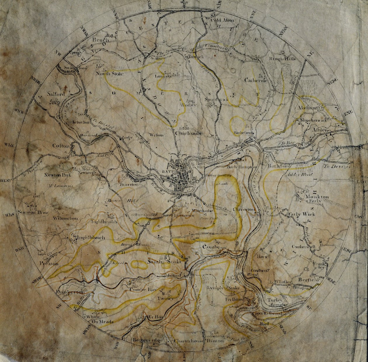 Geologisk kart over nabolaget Bath, gravert av John Cary og deretter håndfarget av kunstneren, ca. 1799 av William Smith