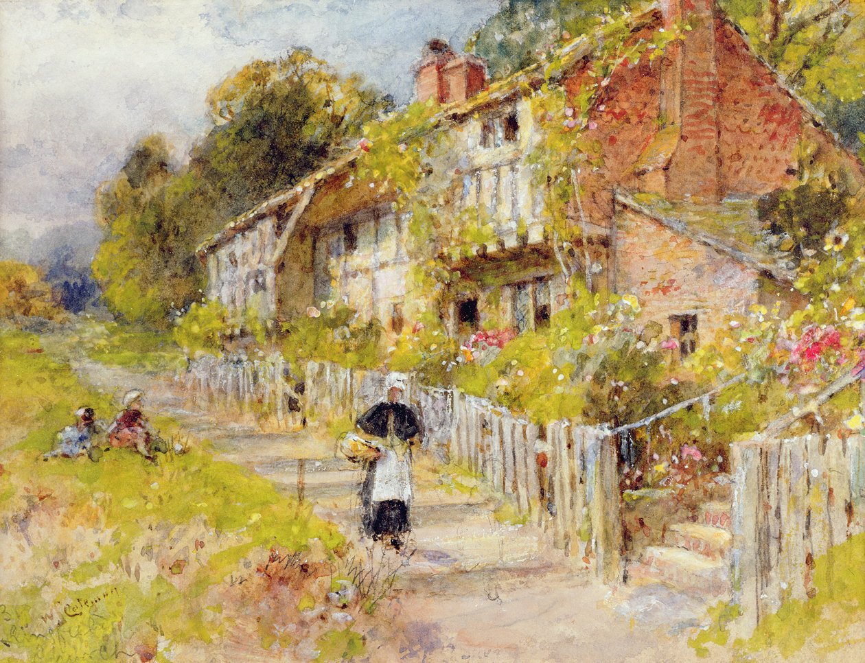 Hytter - en hytterekke med en figur og andre barn som leker av William Stephen Coleman