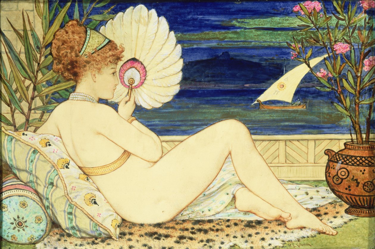 Kvinne med vifte, Minton Art Pottery, ca. 1872 (malt flis) av William Stephen Coleman
