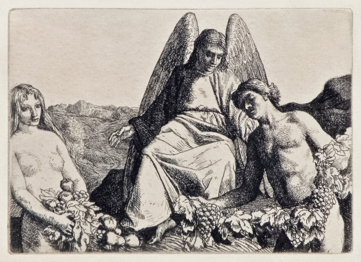 Adam og Eva underholder Raphael fra Paradise Lost av John Milton (1608-1674), en serie på 12 illustrasjoner etset av William Strang (1859-1921) av William Strang
