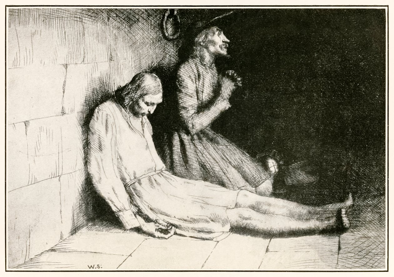 Christian and Hopeful in the Dungeon fra The Pilgrims Progress From This World, To That What Is To Come av John Bunyan (1628-1688) illustrasjon av William Strang (1859-1921) Prisoned in Doubting C av William Strang
