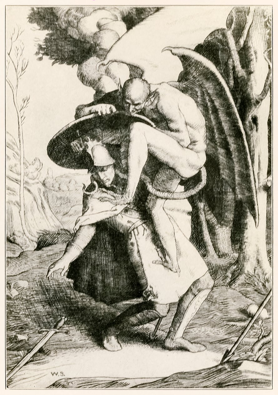 Christian kjemper mot Apollyon fra The Pilgrims Progress From This World, To That What Is To Come av John Bunyan (1628-1688) illustrasjon av William Strang (1859-1921) Christian kjemper mot Apollyon i Va av William Strang