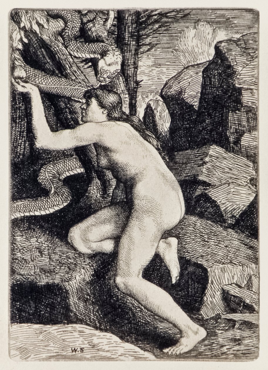 Eva fristet av Satan i form av en slange fra det tapte paradiset av John Milton (1608-1674), en serie på 12 illustrasjoner etset av William Strang (1859-1921) av William Strang